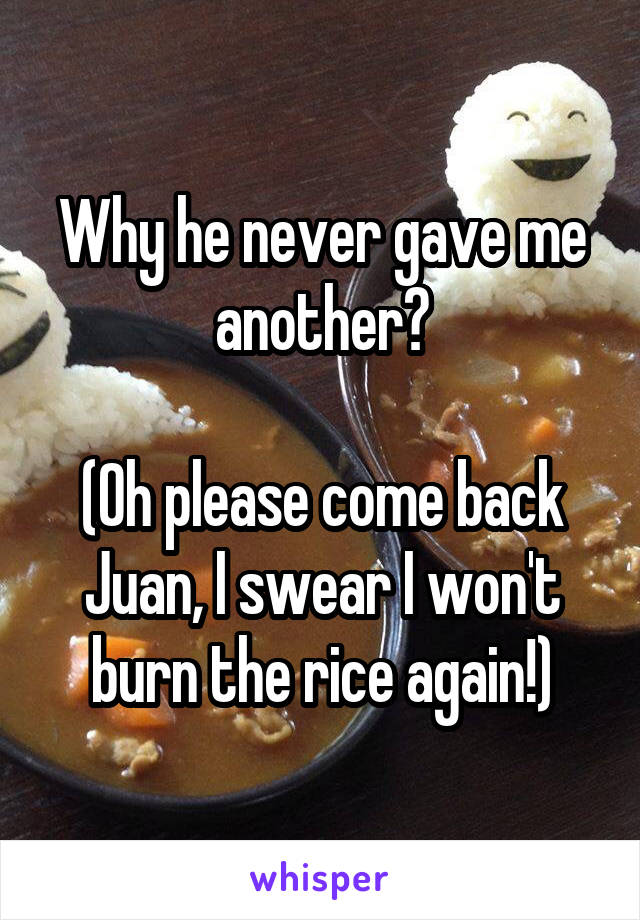 Why he never gave me another?

(Oh please come back Juan, I swear I won't burn the rice again!)