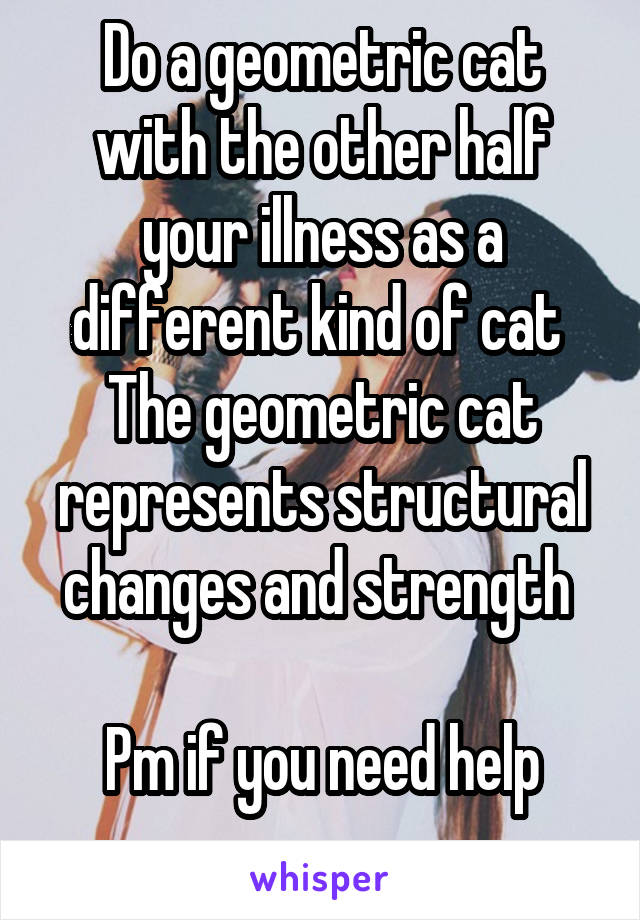 Do a geometric cat with the other half your illness as a different kind of cat 
The geometric cat represents structural changes and strength 

Pm if you need help
