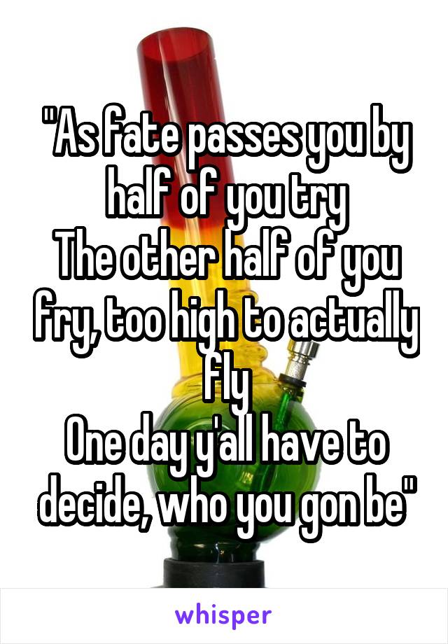 "As fate passes you by half of you try
The other half of you fry, too high to actually fly
One day y'all have to decide, who you gon be"