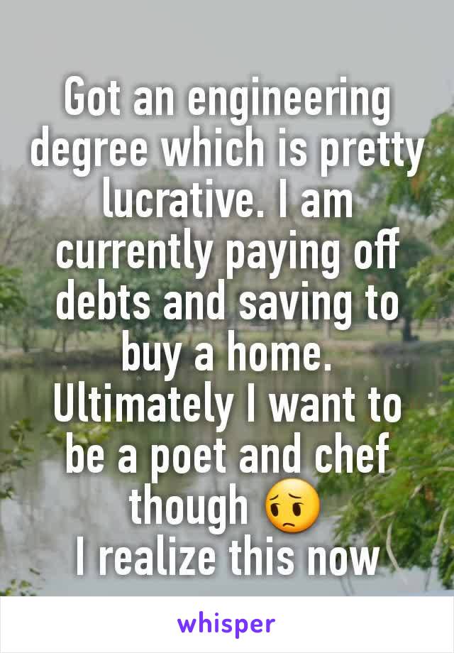 Got an engineering degree which is pretty lucrative. I am currently paying off debts and saving to buy a home. Ultimately I want to be a poet and chef though 😔
I realize this now