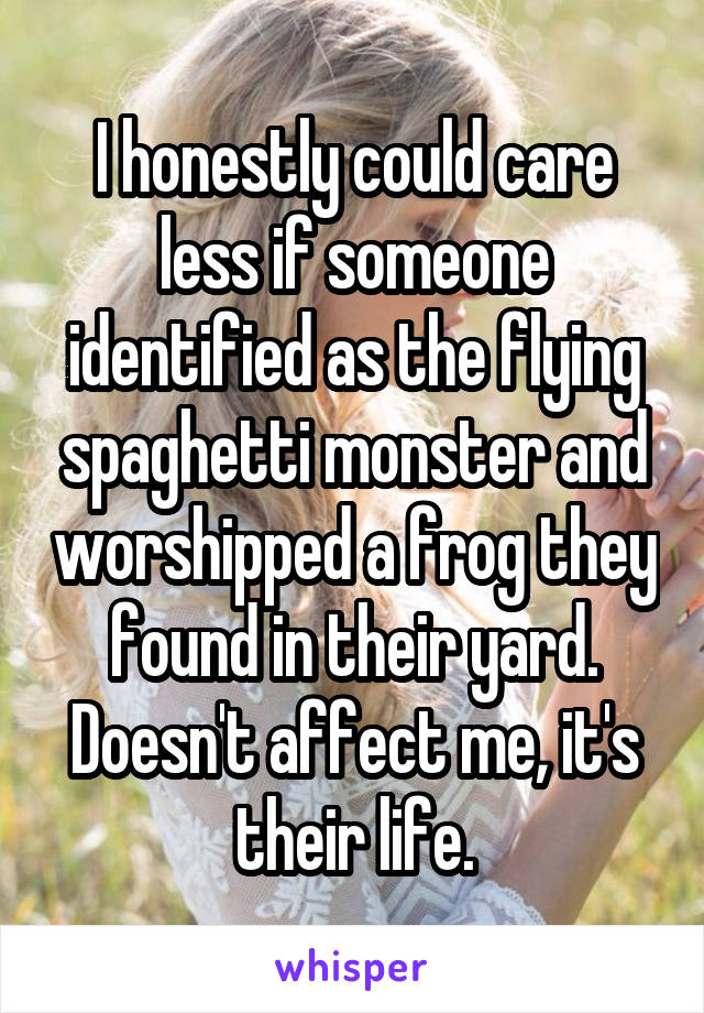 I honestly could care less if someone identified as the flying spaghetti monster and worshipped a frog they found in their yard. Doesn't affect me, it's their life.