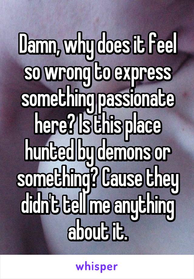 Damn, why does it feel so wrong to express something passionate here? Is this place hunted by demons or something? Cause they didn't tell me anything about it.