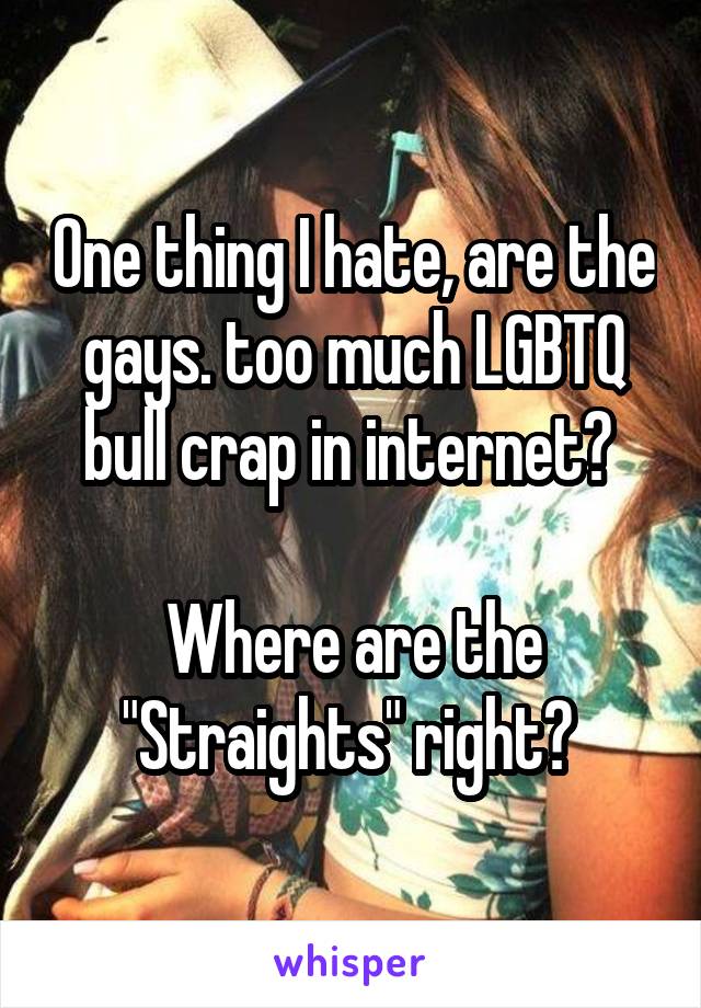 One thing I hate, are the gays. too much LGBTQ bull crap in internet? 

Where are the "Straights" right? 