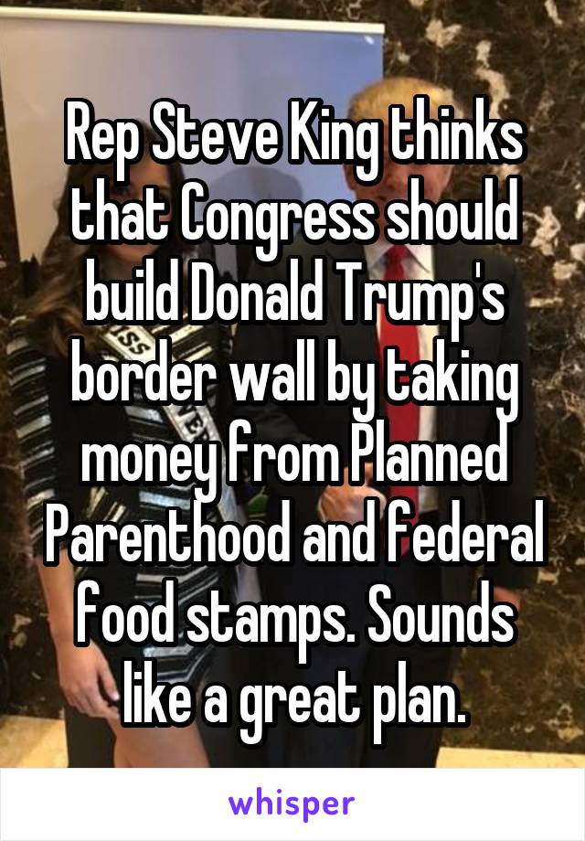 Rep Steve King thinks that Congress should build Donald Trump's border wall by taking money from Planned Parenthood and federal food stamps. Sounds like a great plan.