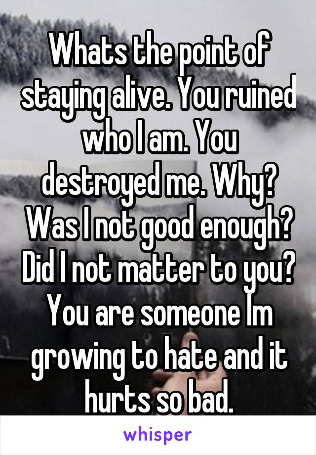 Whats the point of staying alive. You ruined who I am. You destroyed me. Why? Was I not good enough? Did I not matter to you? You are someone Im growing to hate and it hurts so bad.