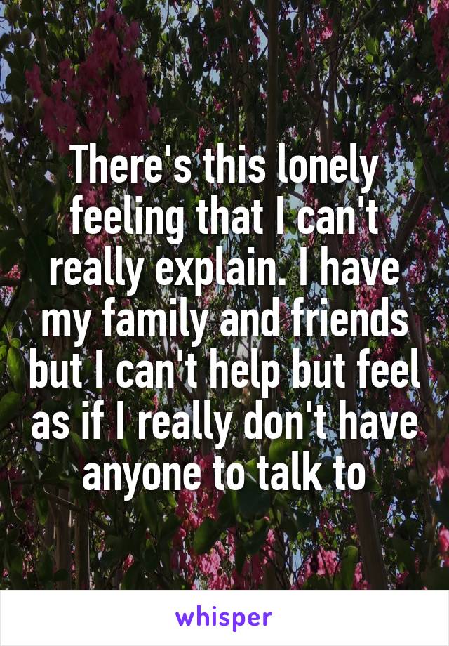 There's this lonely feeling that I can't really explain. I have my family and friends but I can't help but feel as if I really don't have anyone to talk to