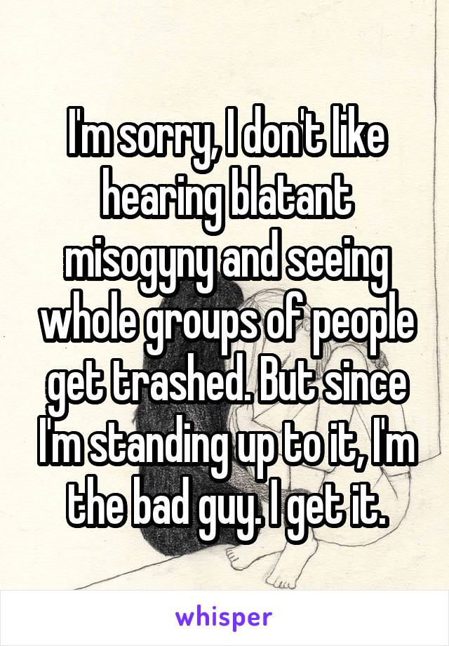 I'm sorry, I don't like hearing blatant misogyny and seeing whole groups of people get trashed. But since I'm standing up to it, I'm the bad guy. I get it.