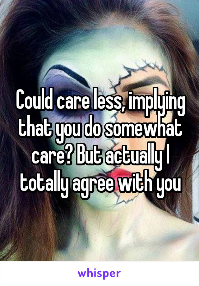 Could care less, implying that you do somewhat care? But actually I totally agree with you