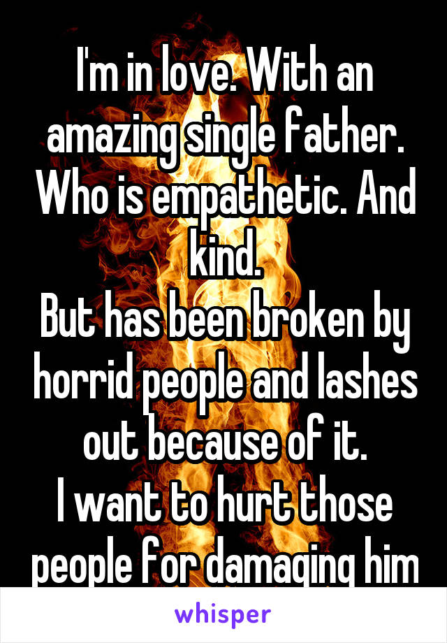 I'm in love. With an amazing single father. Who is empathetic. And kind.
But has been broken by horrid people and lashes out because of it.
I want to hurt those people for damaging him