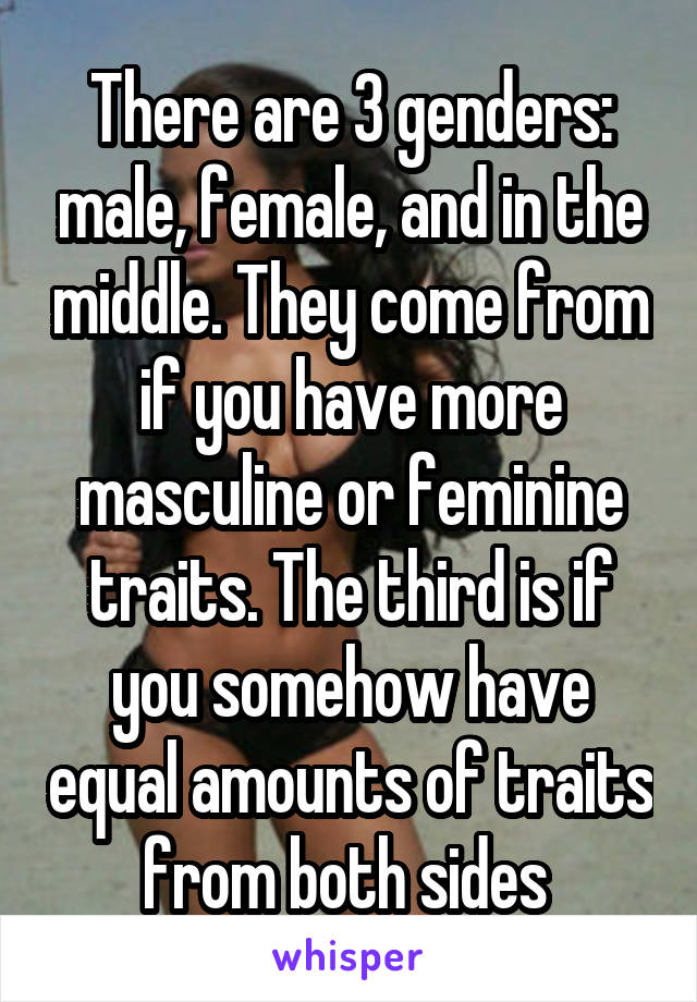 There are 3 genders: male, female, and in the middle. They come from if you have more masculine or feminine traits. The third is if you somehow have equal amounts of traits from both sides 