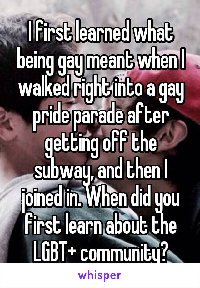 I first learned what being gay meant when I walked right into a gay pride parade after getting off the subway, and then I joined in. When did you first learn about the LGBT+ community?