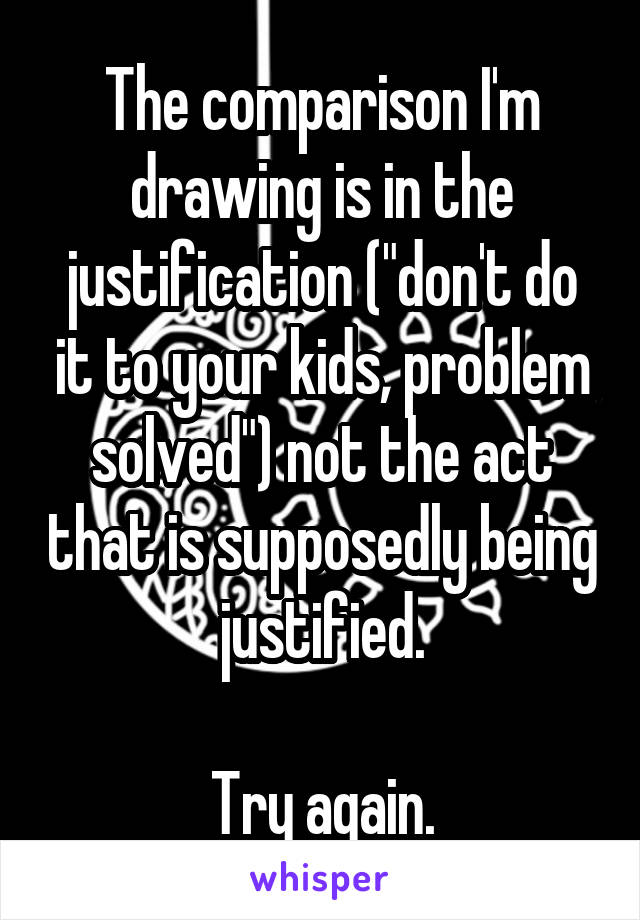 The comparison I'm drawing is in the justification ("don't do it to your kids, problem solved") not the act that is supposedly being justified.

Try again.