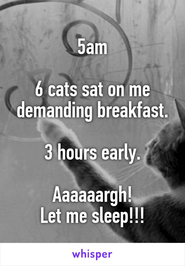 5am

6 cats sat on me demanding breakfast.

3 hours early.

Aaaaaargh!
Let me sleep!!!