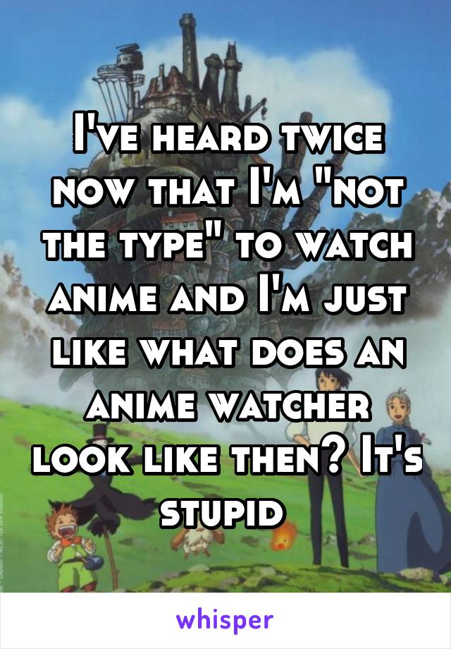 I've heard twice now that I'm "not the type" to watch anime and I'm just like what does an anime watcher look like then? It's stupid 