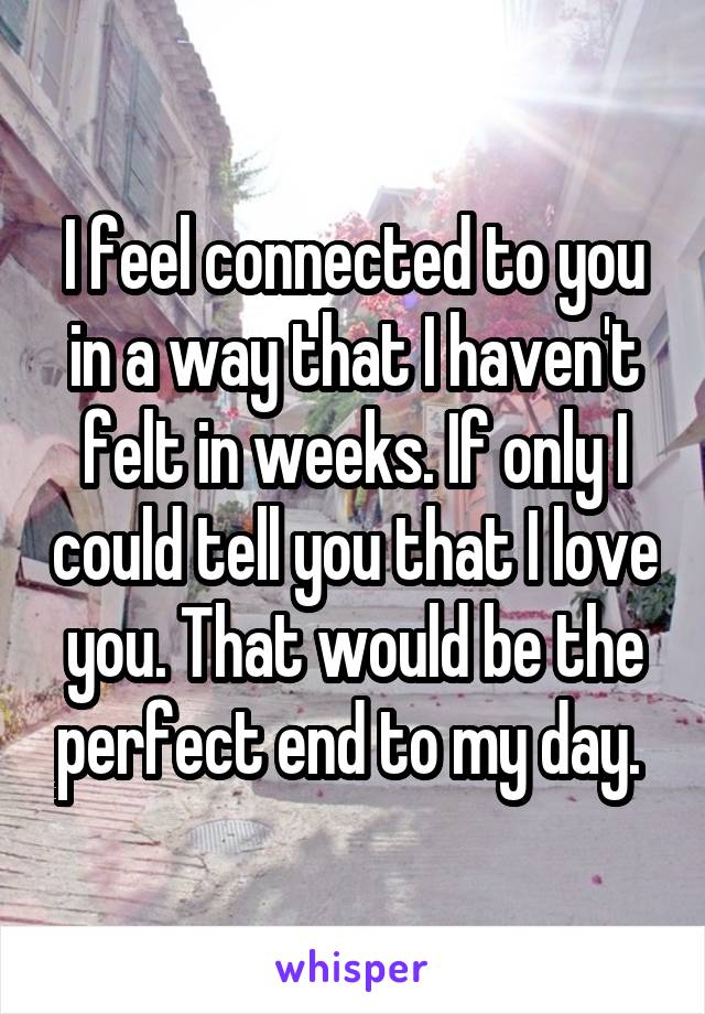 I feel connected to you in a way that I haven't felt in weeks. If only I could tell you that I love you. That would be the perfect end to my day. 