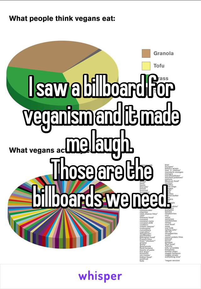 I saw a billboard for veganism and it made me laugh. 
Those are the billboards we need.