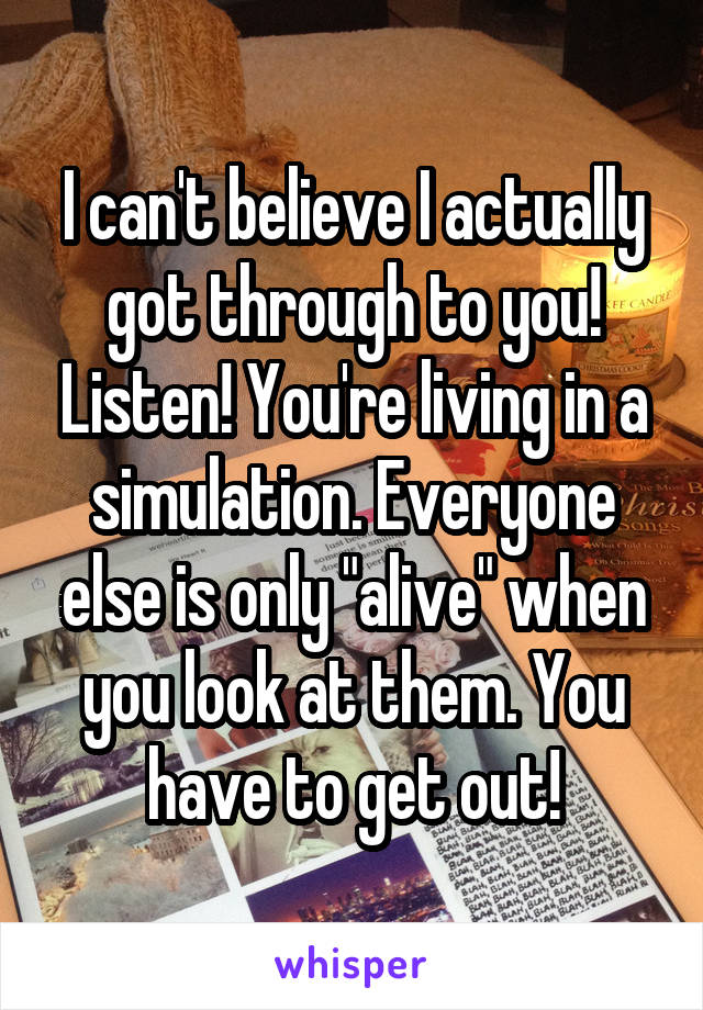 I can't believe I actually got through to you! Listen! You're living in a simulation. Everyone else is only "alive" when you look at them. You have to get out!