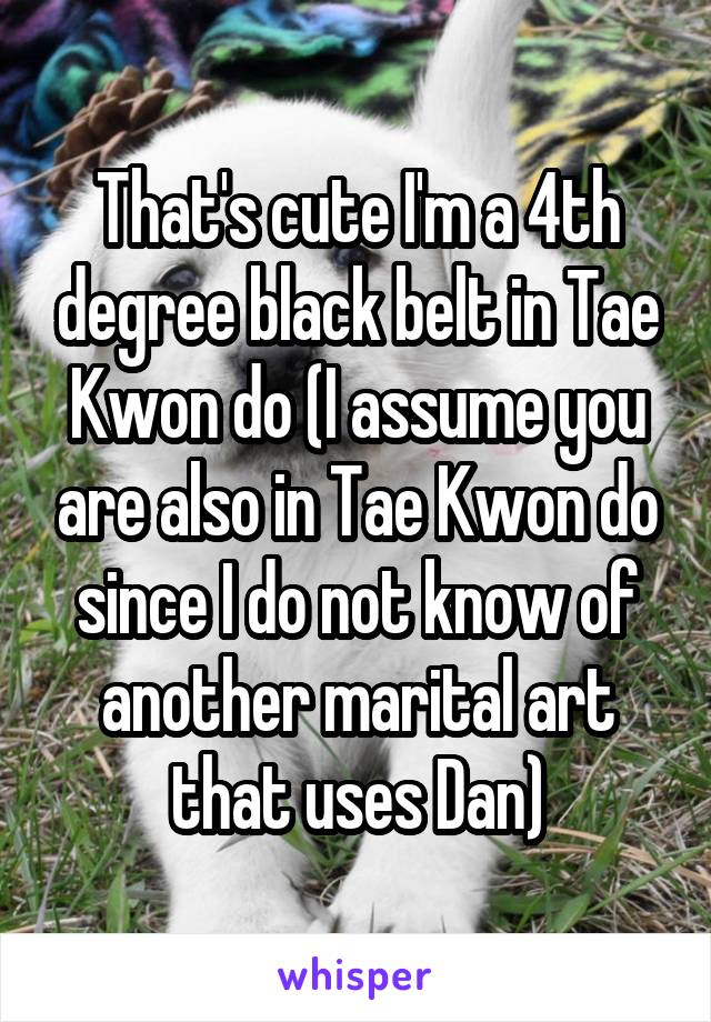 That's cute I'm a 4th degree black belt in Tae Kwon do (I assume you are also in Tae Kwon do since I do not know of another marital art that uses Dan)