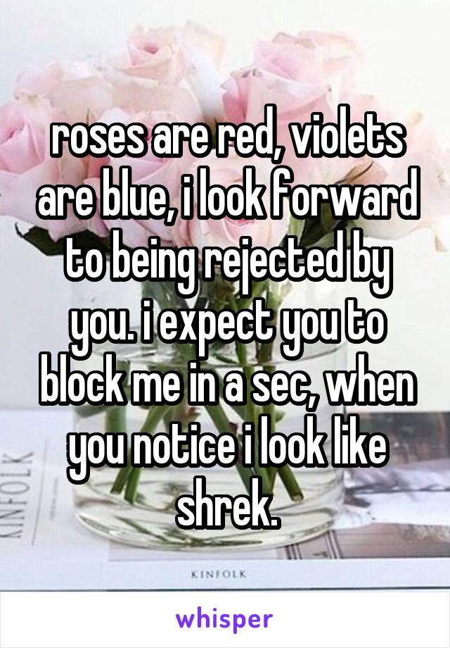 roses are red, violets are blue, i look forward to being rejected by you. i expect you to block me in a sec, when you notice i look like shrek.