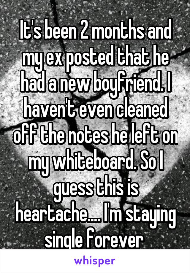 It's been 2 months and my ex posted that he had a new boyfriend. I haven't even cleaned off the notes he left on my whiteboard. So I guess this is heartache.... I'm staying single forever 