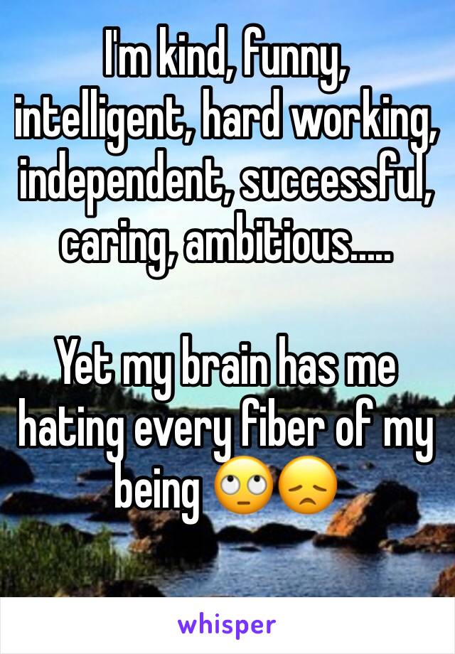 I'm kind, funny, intelligent, hard working, independent, successful, caring, ambitious.....

Yet my brain has me hating every fiber of my being 🙄😞