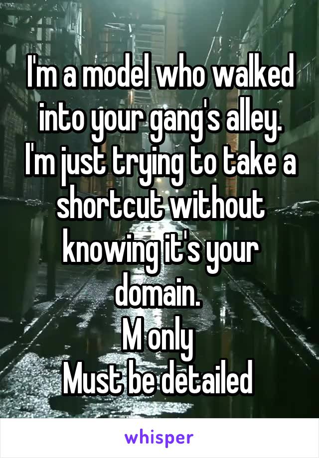 I'm a model who walked into your gang's alley. I'm just trying to take a shortcut without knowing it's your domain. 
M only 
Must be detailed 