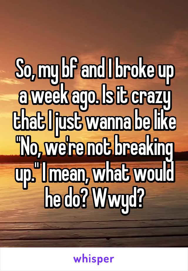 So, my bf and I broke up a week ago. Is it crazy that I just wanna be like "No, we're not breaking up." I mean, what would he do? Wwyd?