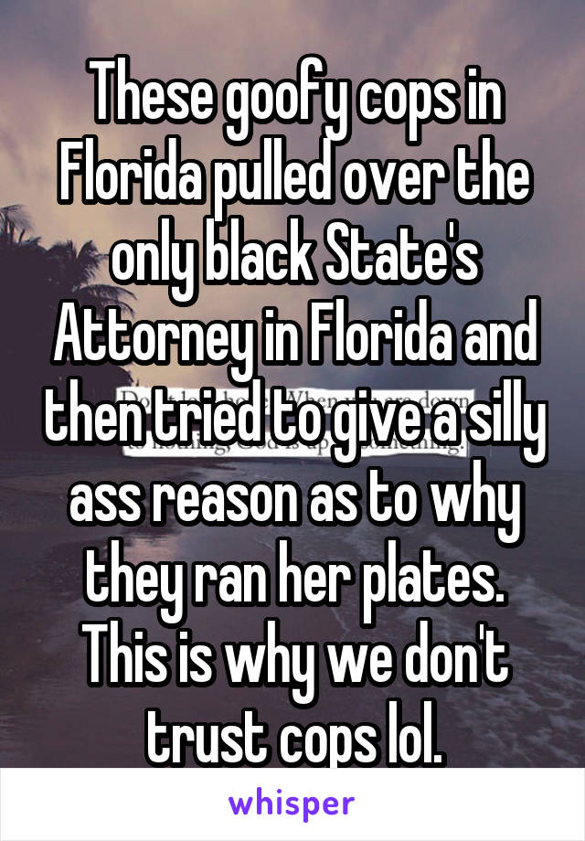 These goofy cops in Florida pulled over the only black State's Attorney in Florida and then tried to give a silly ass reason as to why they ran her plates. This is why we don't trust cops lol.