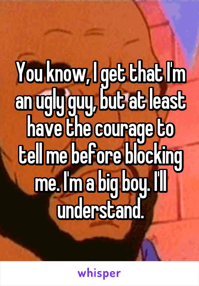 You know, I get that I'm an ugly guy, but at least have the courage to tell me before blocking me. I'm a big boy. I'll understand.