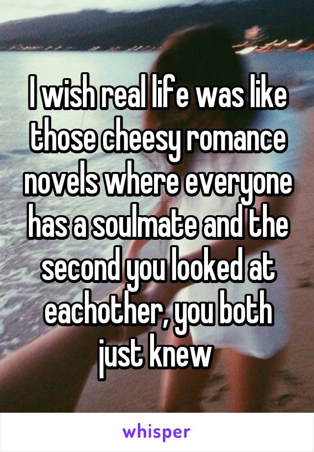 I wish real life was like those cheesy romance novels where everyone has a soulmate and the second you looked at eachother, you both just knew 