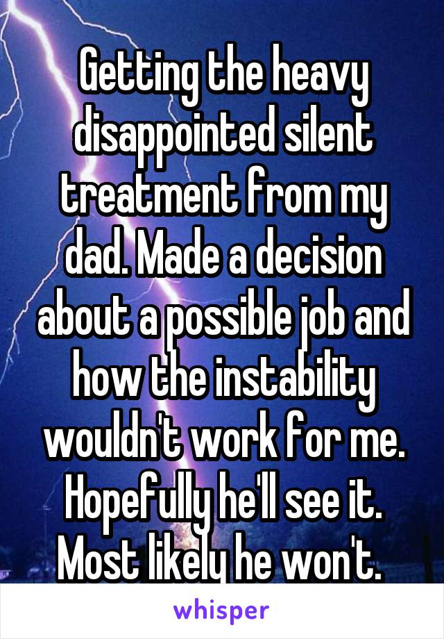 Getting the heavy disappointed silent treatment from my dad. Made a decision about a possible job and how the instability wouldn't work for me. Hopefully he'll see it. Most likely he won't. 