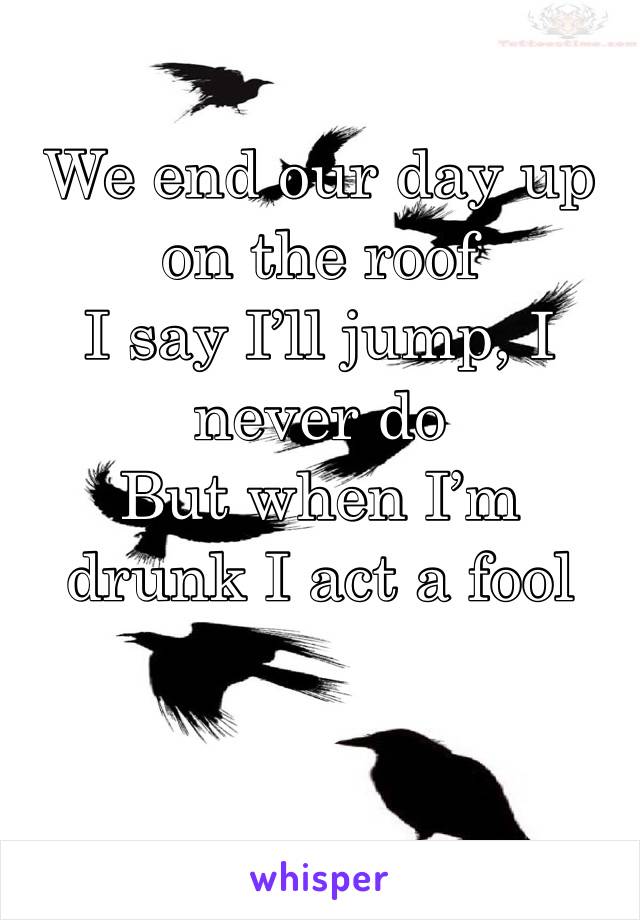 We end our day up on the roof
I say I’ll jump, I never do
But when I’m drunk I act a fool
