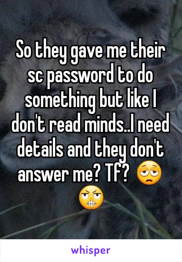 So they gave me their sc password to do something but like I don't read minds..I need details and they don't answer me? Tf? 😩😬