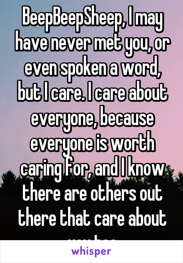 BeepBeepSheep, I may have never met you, or even spoken a word, but I care. I care about everyone, because everyone is worth caring for, and I know there are others out there that care about you too