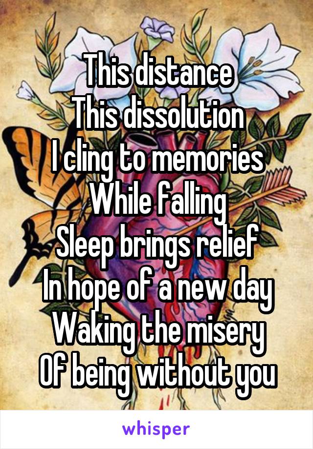 This distance
This dissolution
I cling to memories
While falling
Sleep brings relief
In hope of a new day
Waking the misery
Of being without you