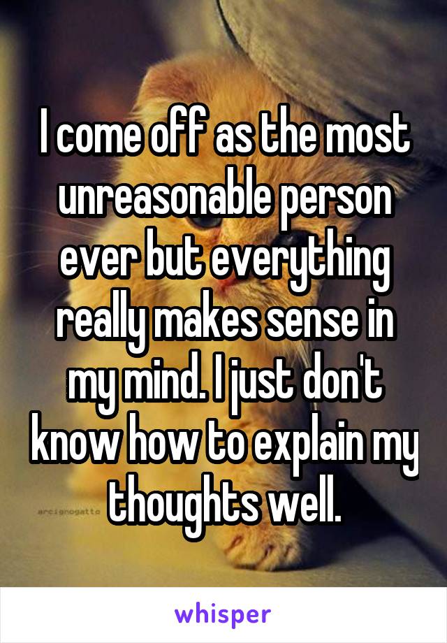 I come off as the most unreasonable person ever but everything really makes sense in my mind. I just don't know how to explain my thoughts well.