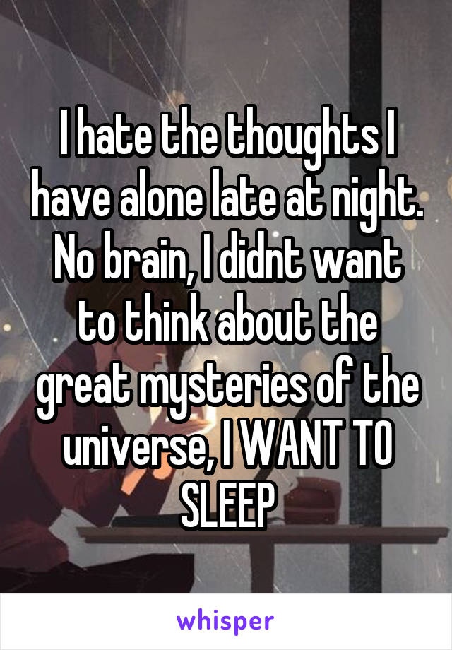 I hate the thoughts I have alone late at night. No brain, I didnt want to think about the great mysteries of the universe, I WANT TO SLEEP