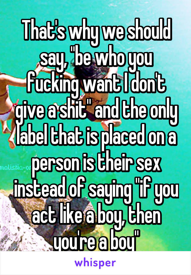 That's why we should say, "be who you fucking want I don't give a shit" and the only label that is placed on a person is their sex instead of saying "if you act like a boy, then you're a boy"