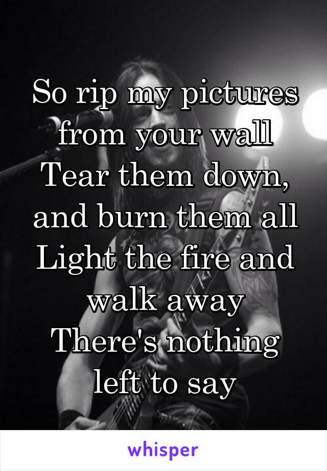  So rip my pictures from your wall
Tear them down, and burn them all
Light the fire and walk away
There's nothing left to say