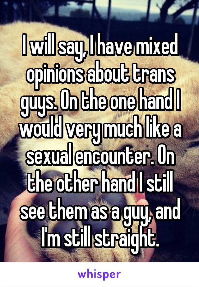 I will say, I have mixed opinions about trans guys. On the one hand I would very much like a sexual encounter. On the other hand I still see them as a guy, and I'm still straight.