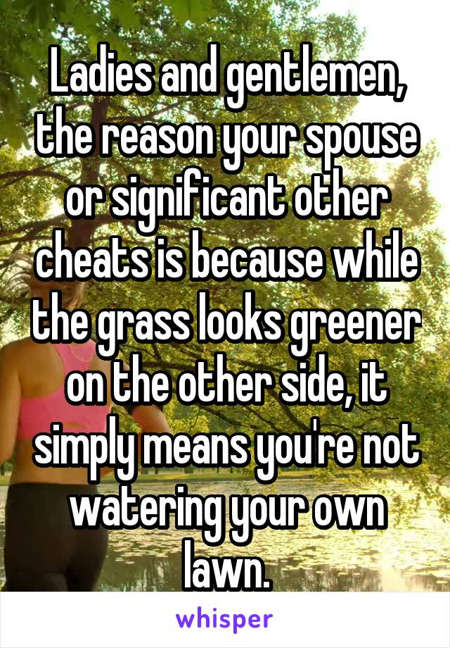 Ladies and gentlemen, the reason your spouse or significant other cheats is because while the grass looks greener on the other side, it simply means you're not watering your own lawn.