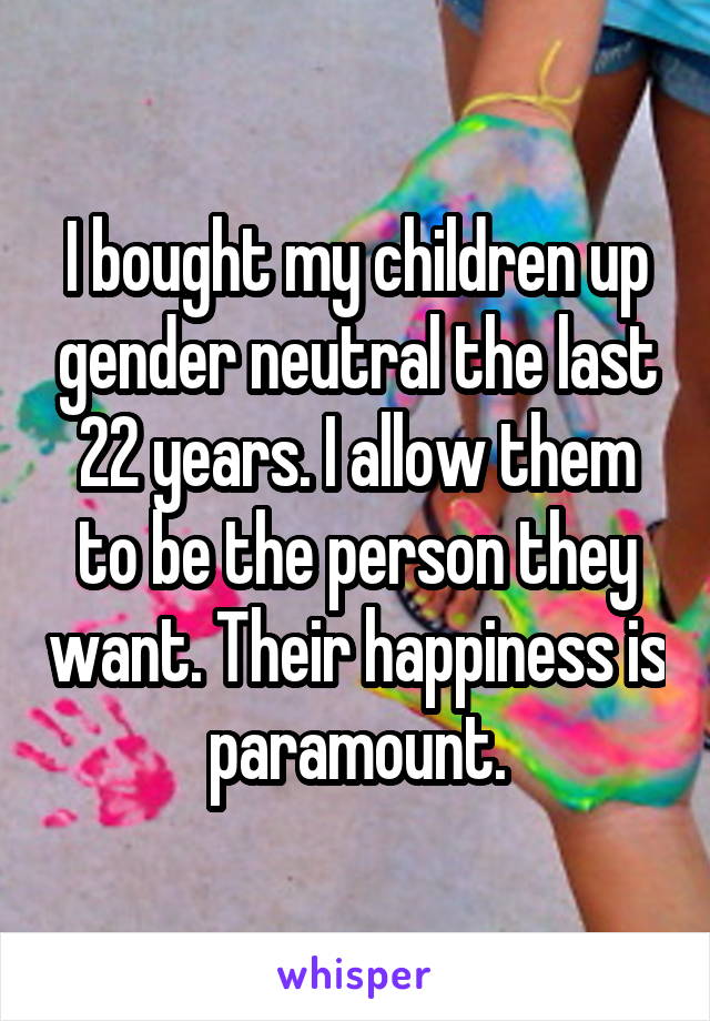 I bought my children up gender neutral the last 22 years. I allow them to be the person they want. Their happiness is paramount.