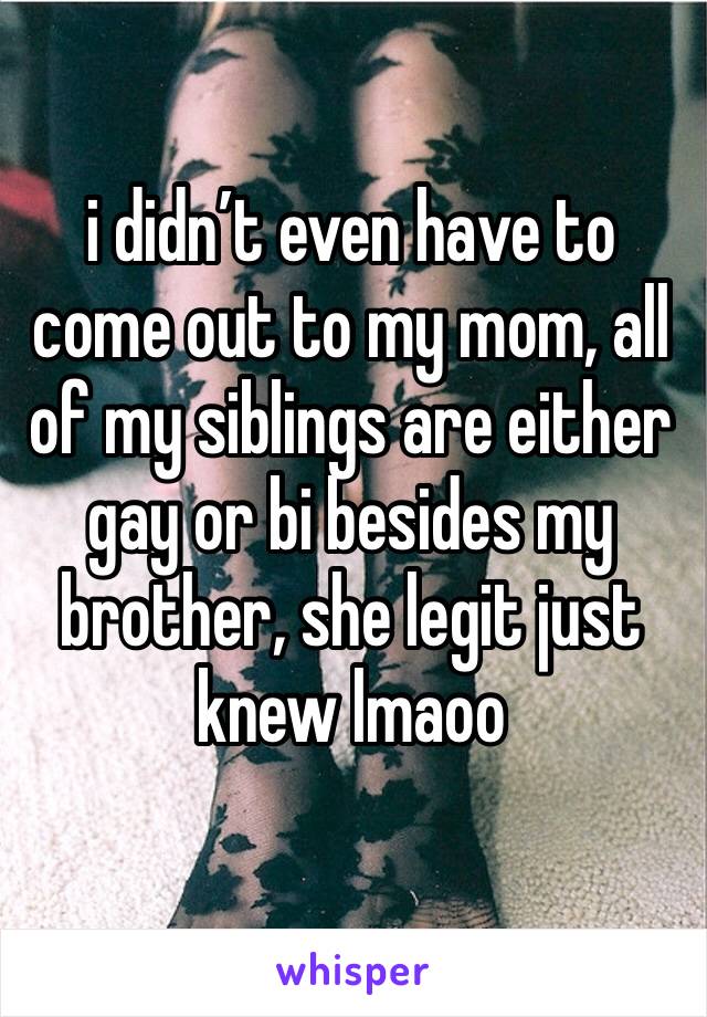 i didn’t even have to come out to my mom, all of my siblings are either gay or bi besides my brother, she legit just knew lmaoo 