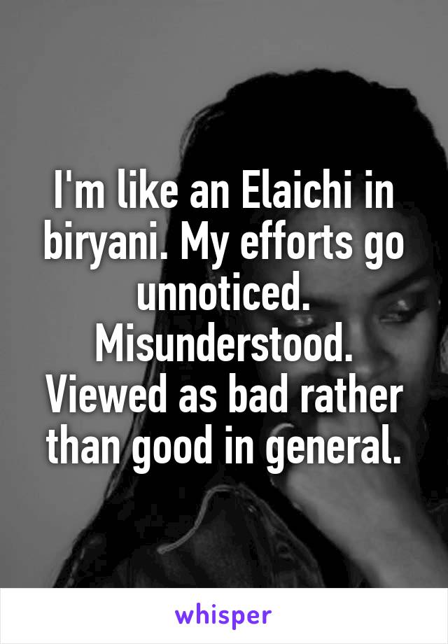 I'm like an Elaichi in biryani. My efforts go unnoticed. Misunderstood. Viewed as bad rather than good in general.