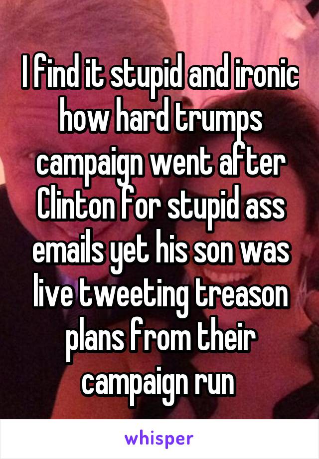 I find it stupid and ironic how hard trumps campaign went after Clinton for stupid ass emails yet his son was live tweeting treason plans from their campaign run 