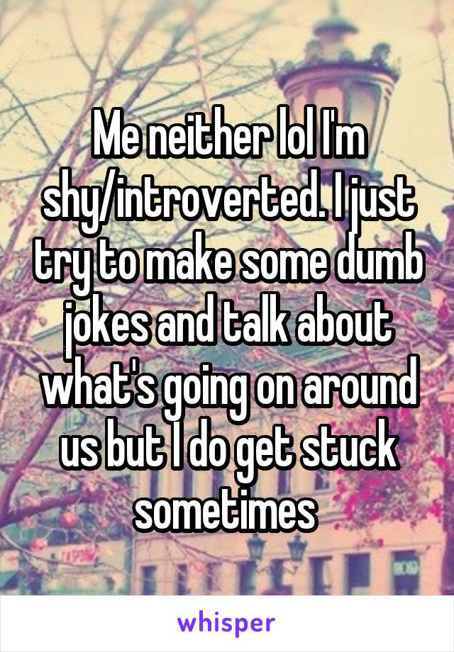 Me neither lol I'm shy/introverted. I just try to make some dumb jokes and talk about what's going on around us but I do get stuck sometimes 