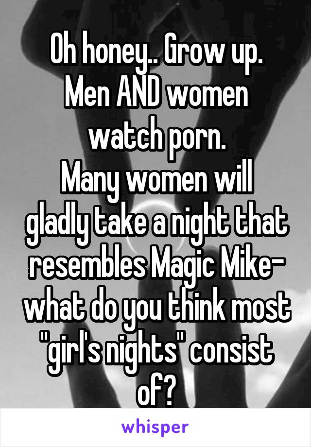 Oh honey.. Grow up.
Men AND women watch porn.
Many women will gladly take a night that resembles Magic Mike- what do you think most "girl's nights" consist of?