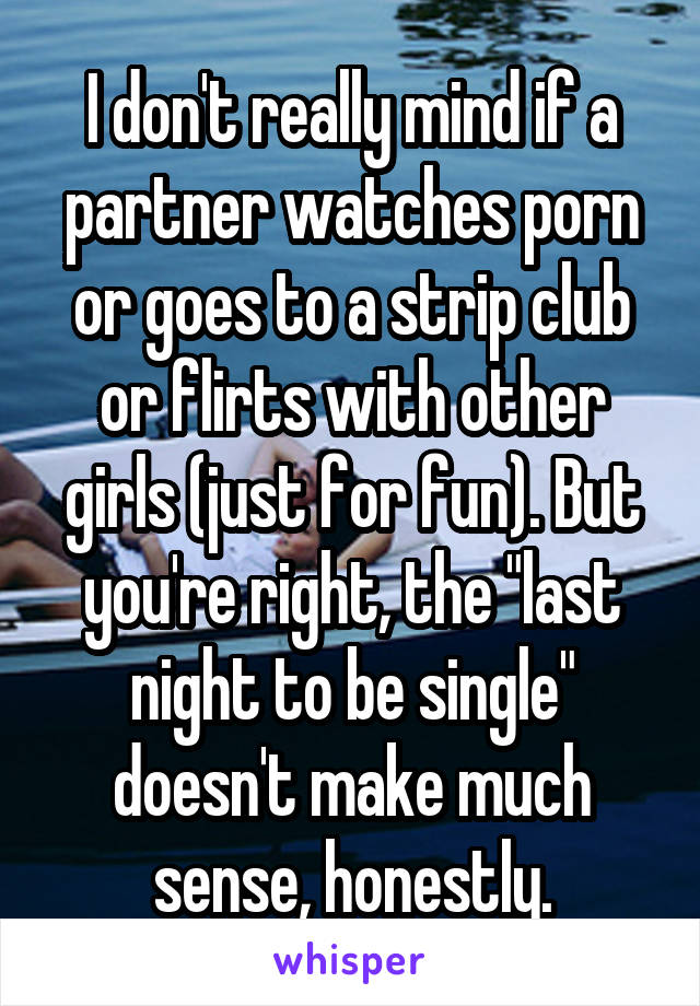 I don't really mind if a partner watches porn or goes to a strip club or flirts with other girls (just for fun). But you're right, the "last night to be single" doesn't make much sense, honestly.