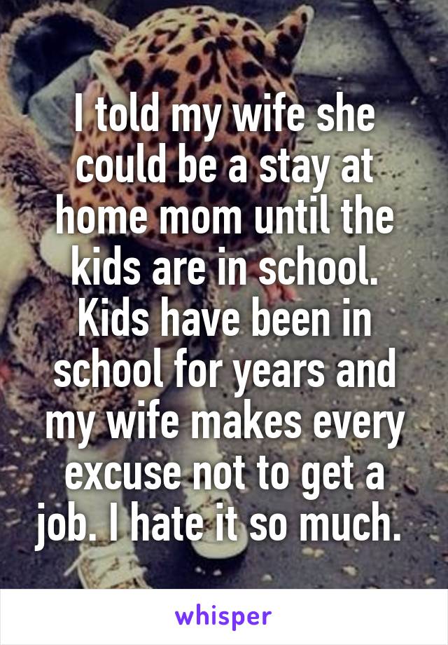 I told my wife she could be a stay at home mom until the kids are in school. Kids have been in school for years and my wife makes every excuse not to get a job. I hate it so much. 
