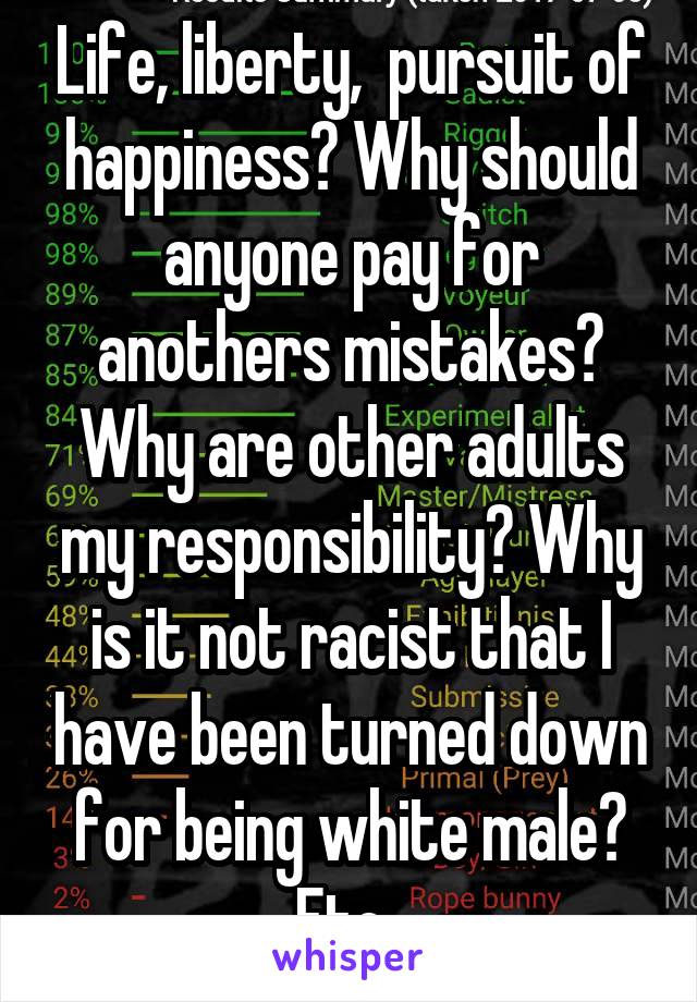 Life, liberty,  pursuit of happiness? Why should anyone pay for anothers mistakes? Why are other adults my responsibility? Why is it not racist that I have been turned down for being white male? Etc..